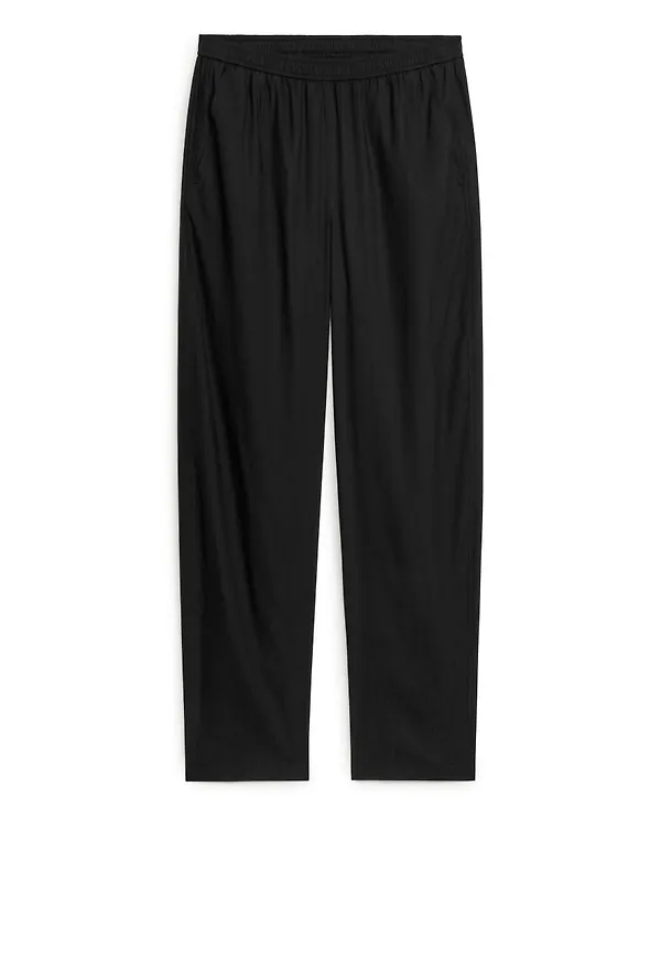 Barrel Leg Linen Blend Trousers - Black