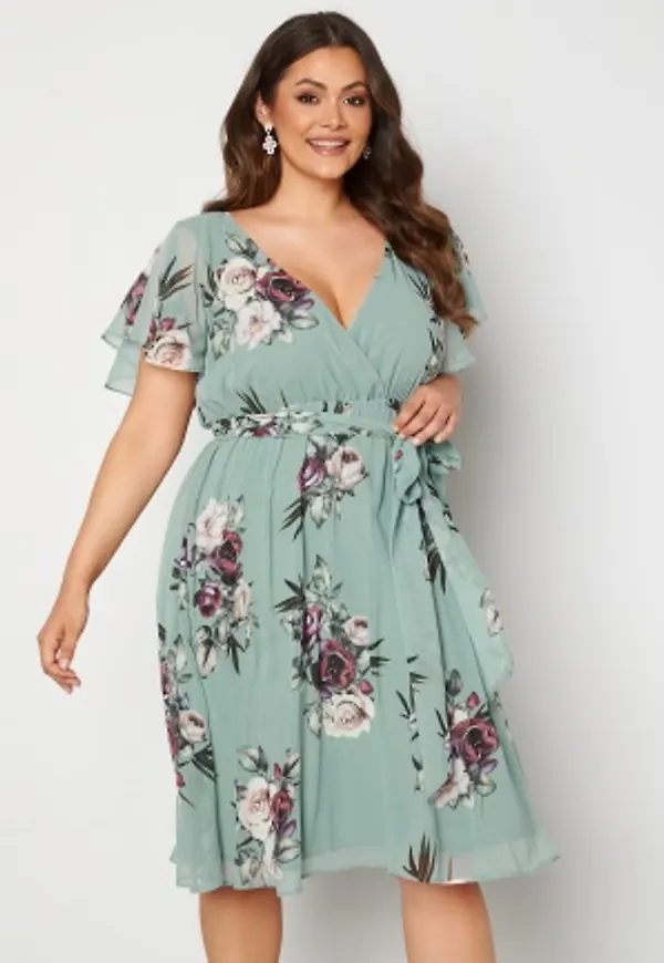 Goddiva Curve Floral Flutter Sleeve Midi Curve Dress Duck Egg 54 (UK26)