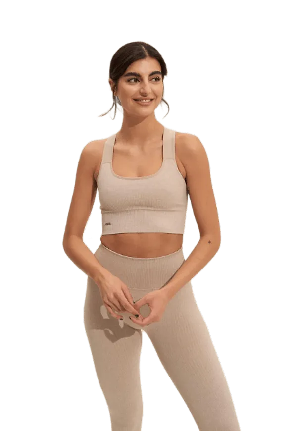 Beige High Support Ribbed Bra