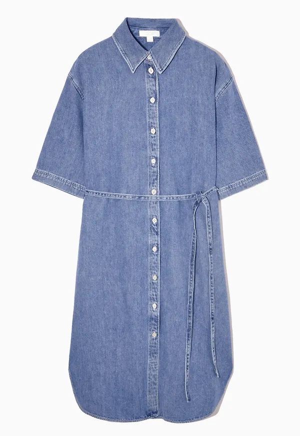 BELTED DENIM MIDI SHIRT DRESS