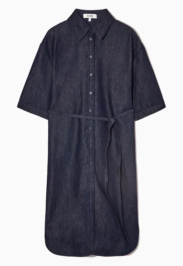 BELTED DENIM MIDI SHIRT DRESS