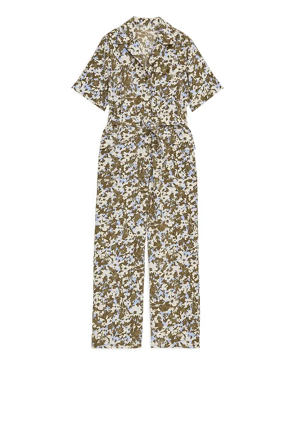 Belted Floral Jumpsuit - Beige