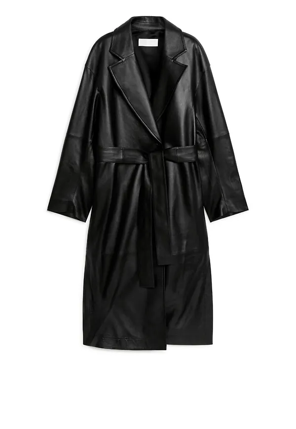 Belted Leather Coat - Black