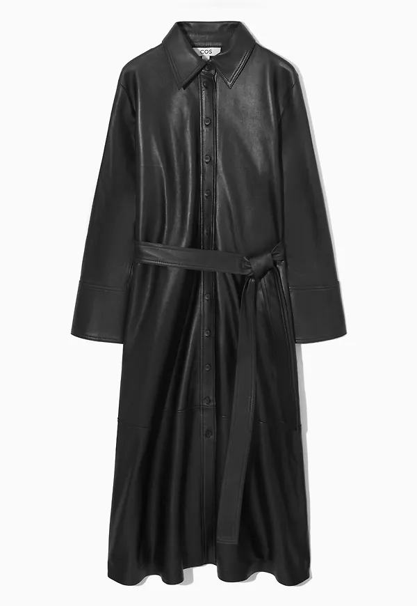 BELTED LEATHER MIDI SHIRT DRESS