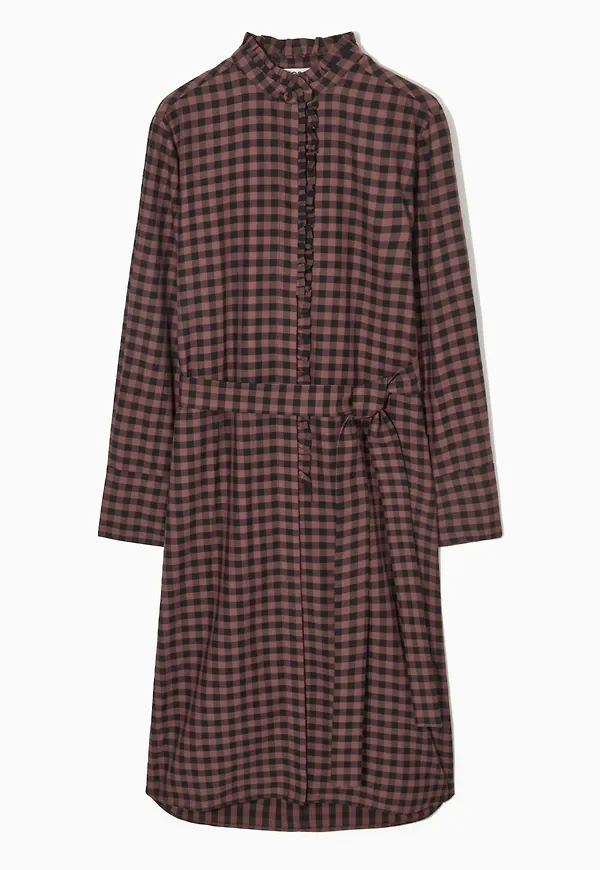 BELTED RUFFLED MIDI SHIRT DRESS