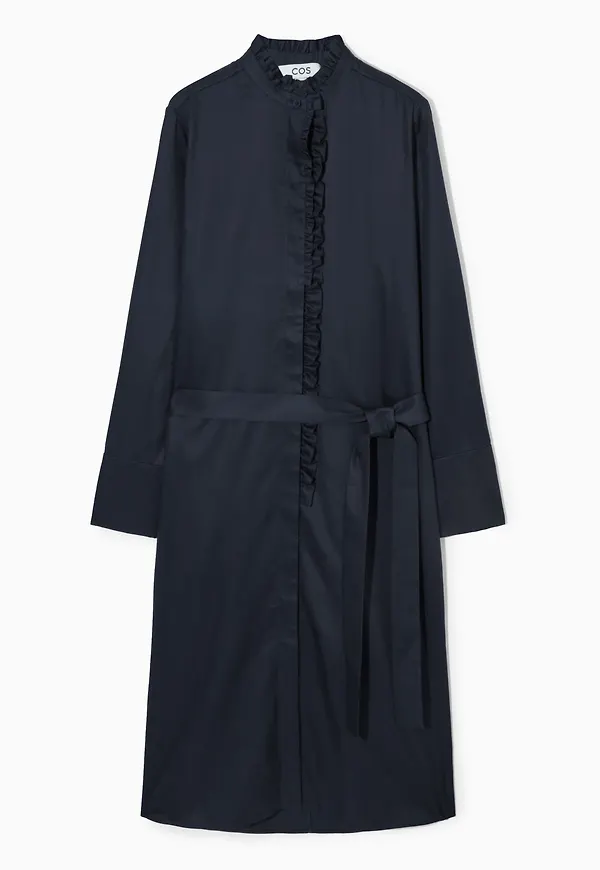 BELTED RUFFLED MIDI SHIRT DRESS
