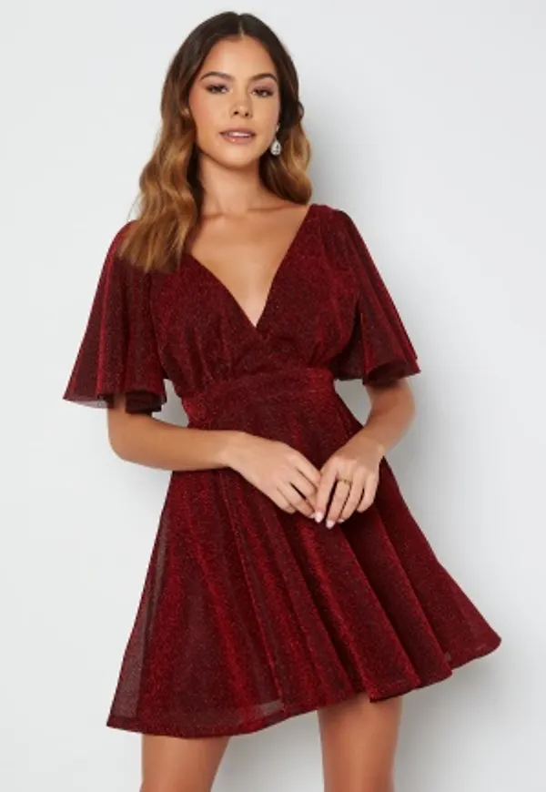 Goddiva Flutter Sleeve Glitter Skater Dress Red XXL (UK18)