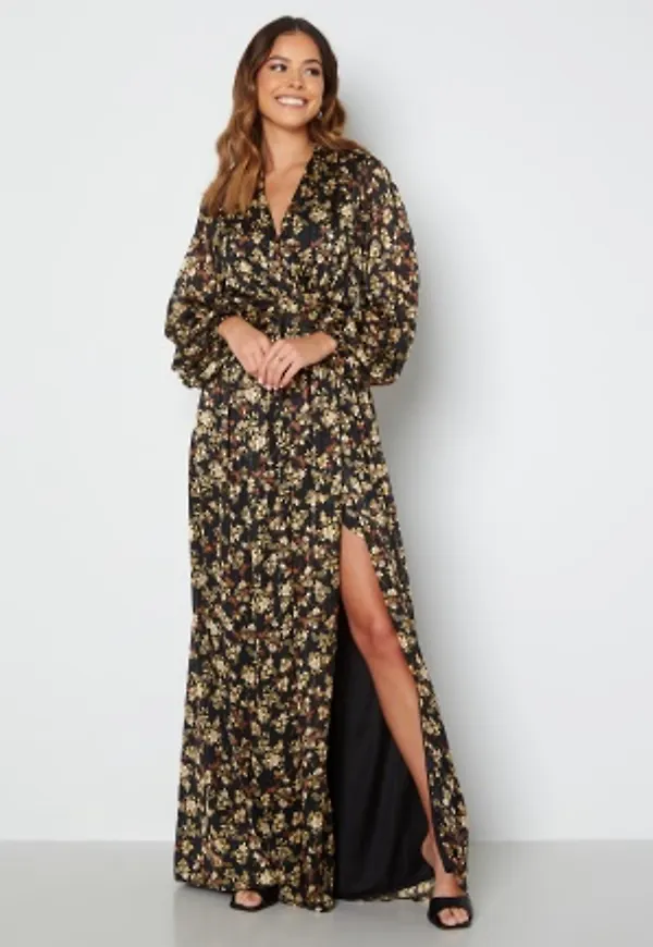 Goddiva Floral Deep V Maxi Dress Black S (UK10)
