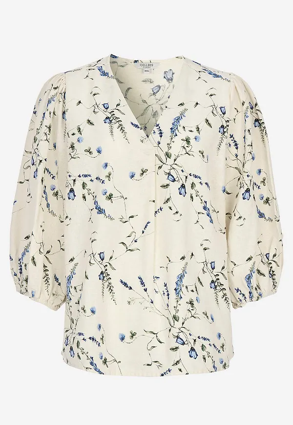 Blommig blus i linne- och viskosmix