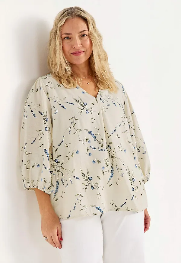 Blommig blus i linne- och viskosmix