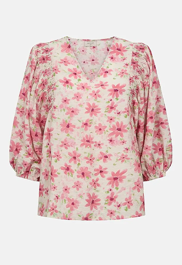 Blommig, vävd blus med smockdetalj