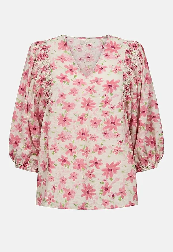 Blommig, vävd blus med smockdetalj