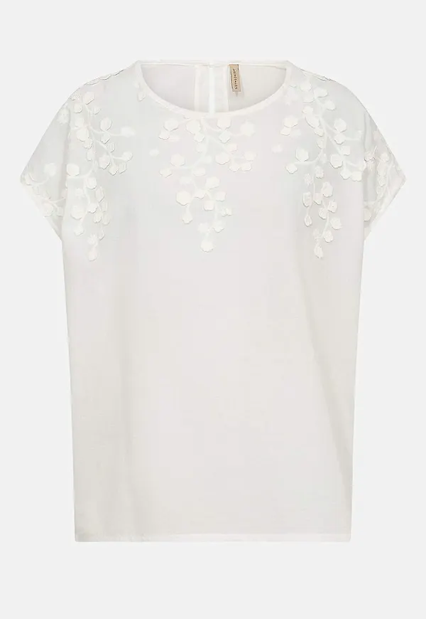 Blus med blomapplikationer och brodyr