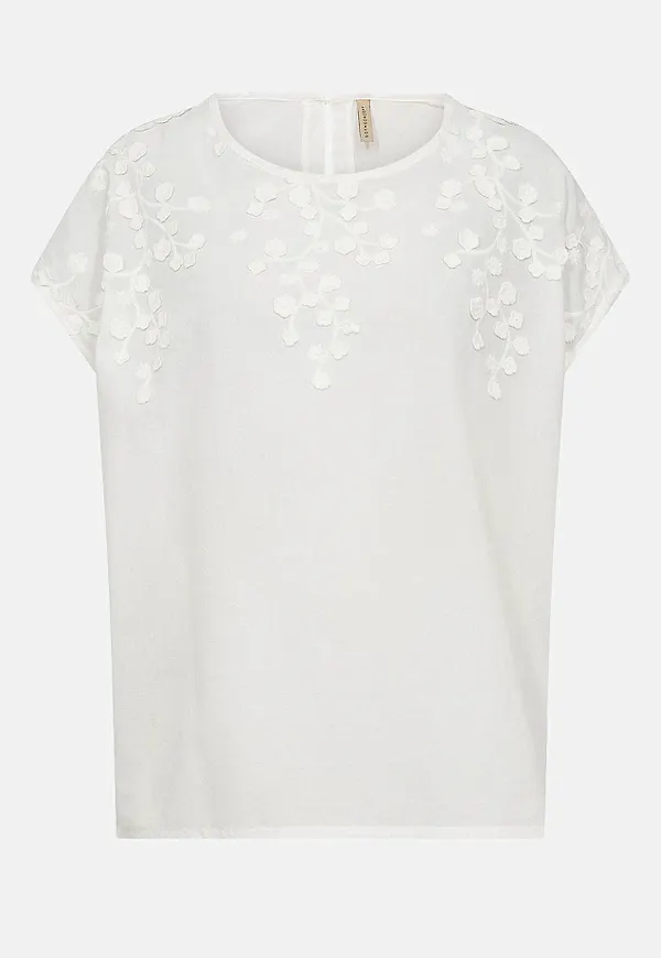 Blus med blomapplikationer och brodyr