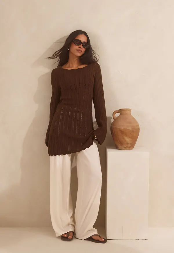 Boat Neck Structure Knitted Short Dress
