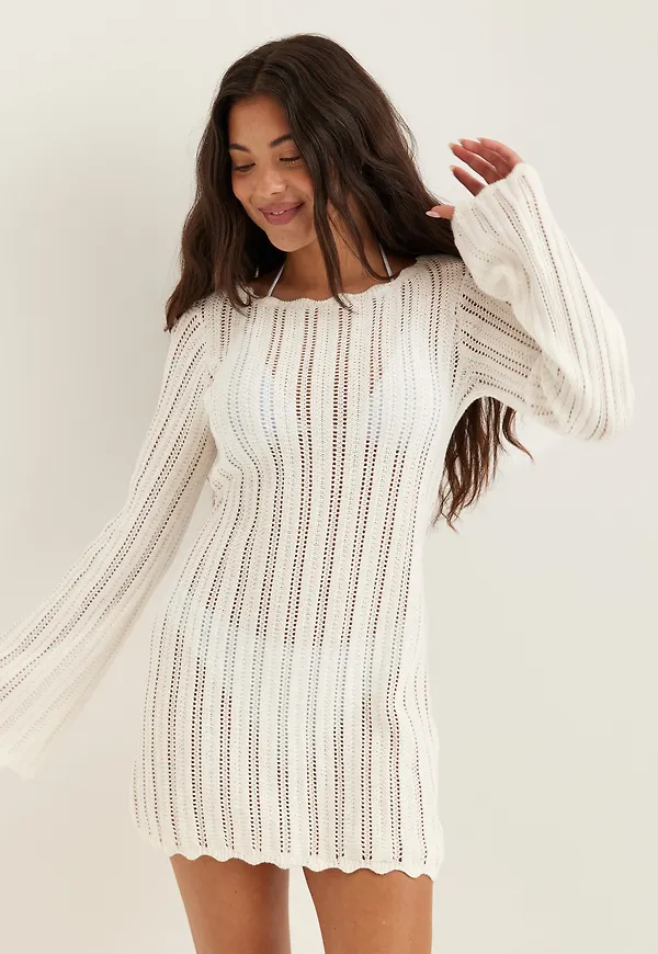 Boat Neck Structure Knitted Short Dress