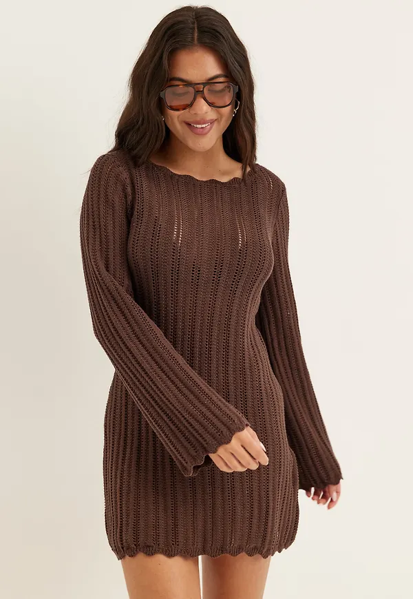 Boat Neck Structure Knitted Short Dress