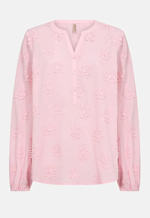 Bomullsblus med blomapplikationer
