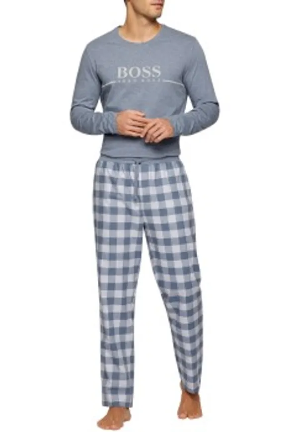 BOSS Cosy Cotton Long Pyjama Grå/Blå bomull Large Herr
