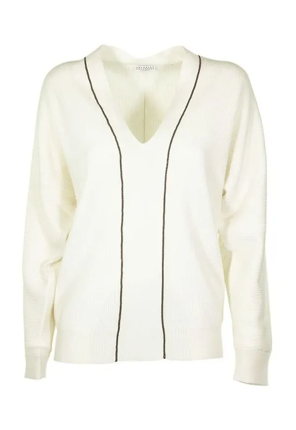 Brunello Cucinelli V-neck Sweater Vit, Dam