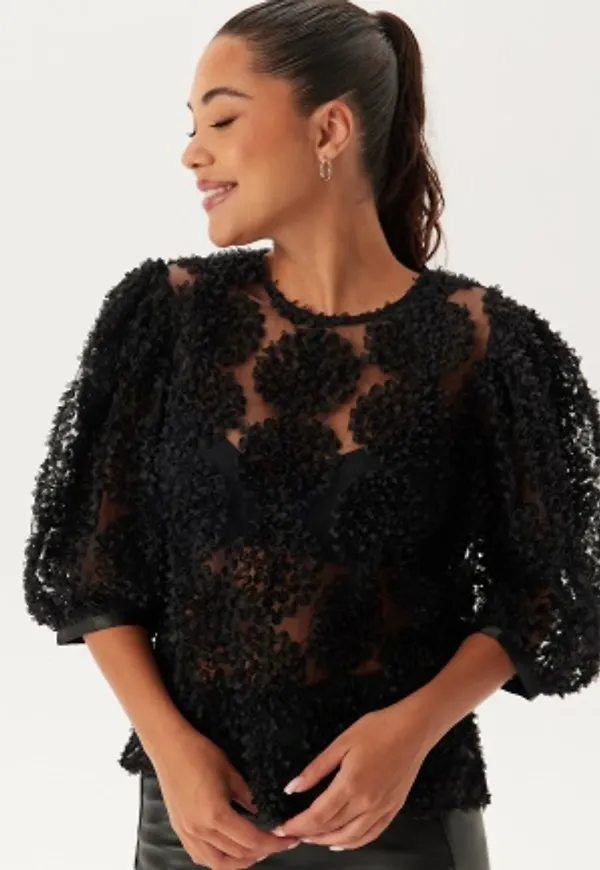 BUBBLEROOM 3D Flower Puff Sleeve Blouse Black XS