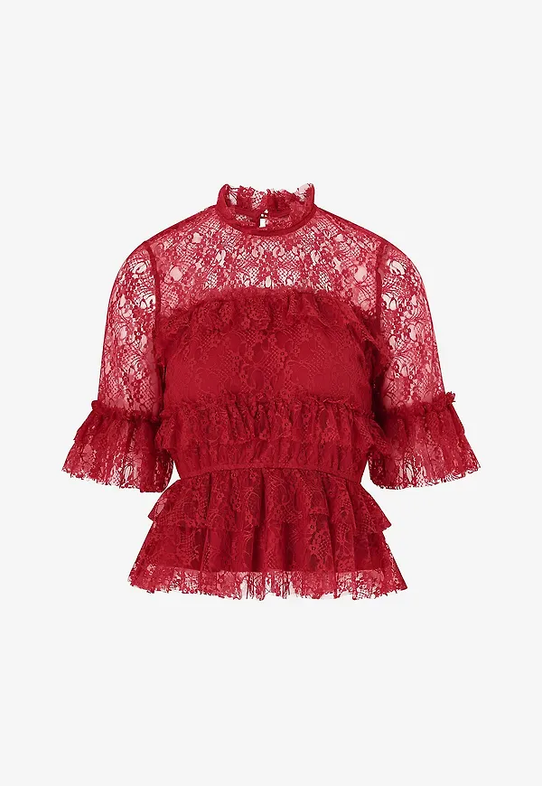 Bubbleroom - Spetsblus Frill Lace Blouse - Röd