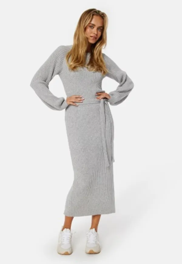 BUBBLEROOM Round Neck Rib Knitted Midi Dress Grey melange M