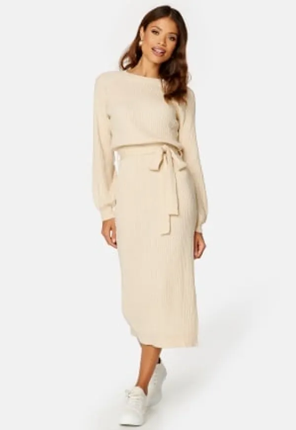 BUBBLEROOM Round Neck Rib Knitted Midi Dress Light beige M