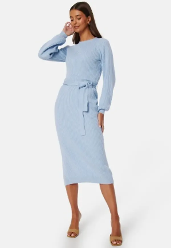 BUBBLEROOM Round Neck Rib Knitted Midi Dress Light blue 4XL