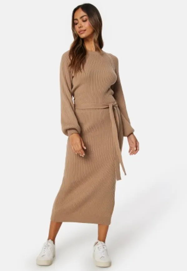 BUBBLEROOM Round Neck Rib Knitted Midi Dress Light brown XS