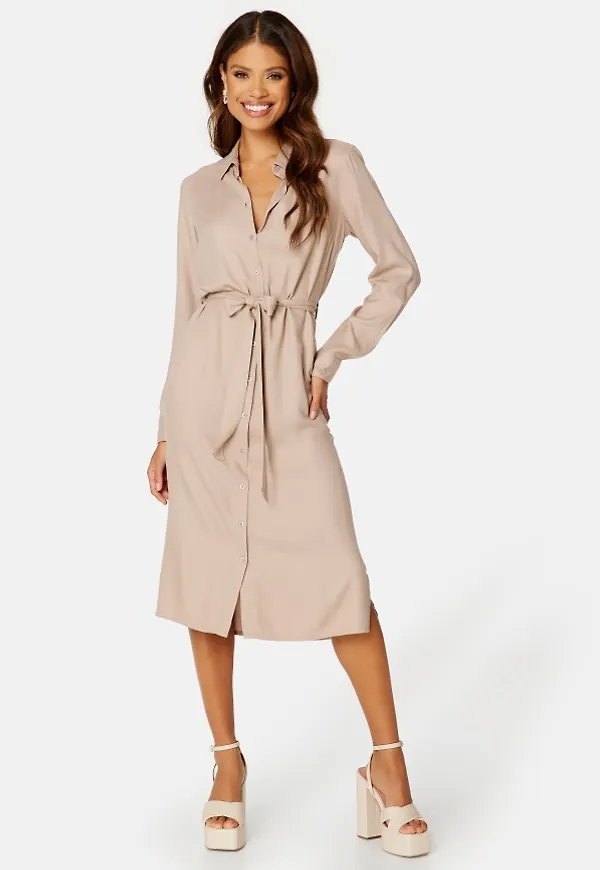 BUBBLEROOM Belted L/S Viscose Shirt Dress Light beige 48