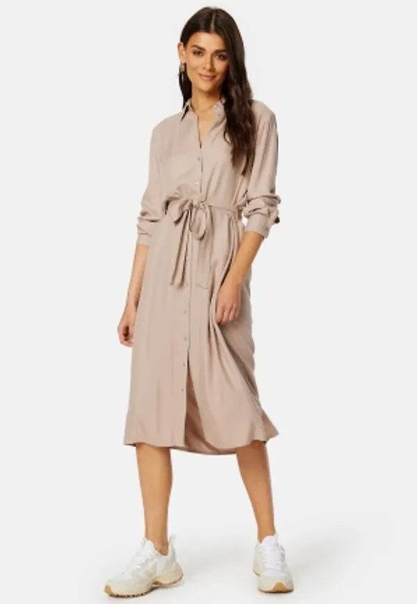 BUBBLEROOM Belted L/S Viscose Shirt Dress Light beige 36