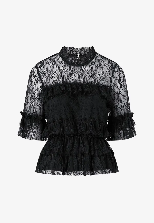 Bubbleroom - Blus Frill Lace Blouse - Svart