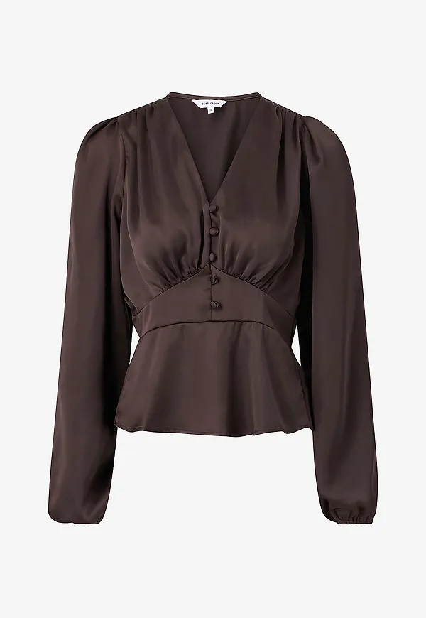 Bubbleroom - Blus Satin V-neck - Brun