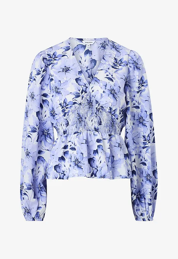 Bubbleroom - Blus V-neck Smock Blouse - Blå