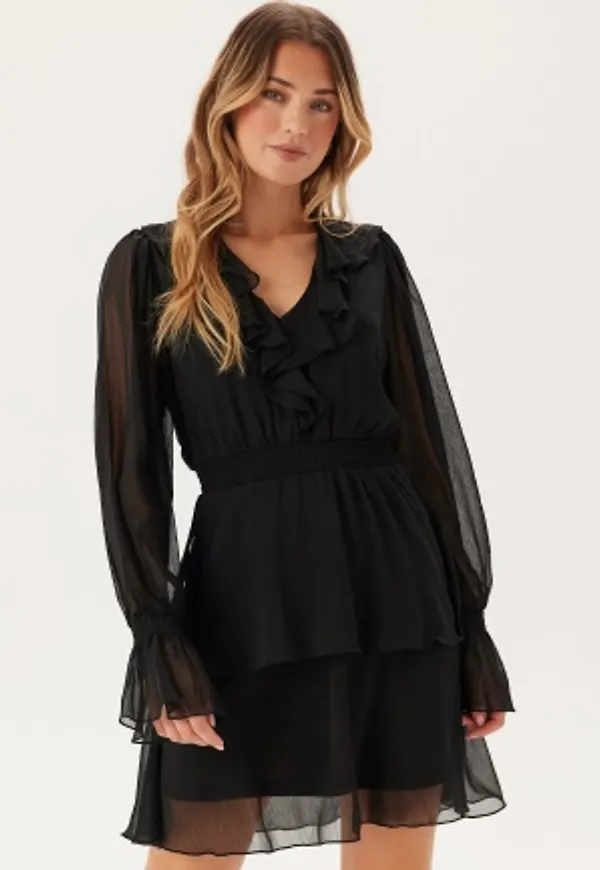 BUBBLEROOM V-neck Frill L/S Chiffon Dress Black 38