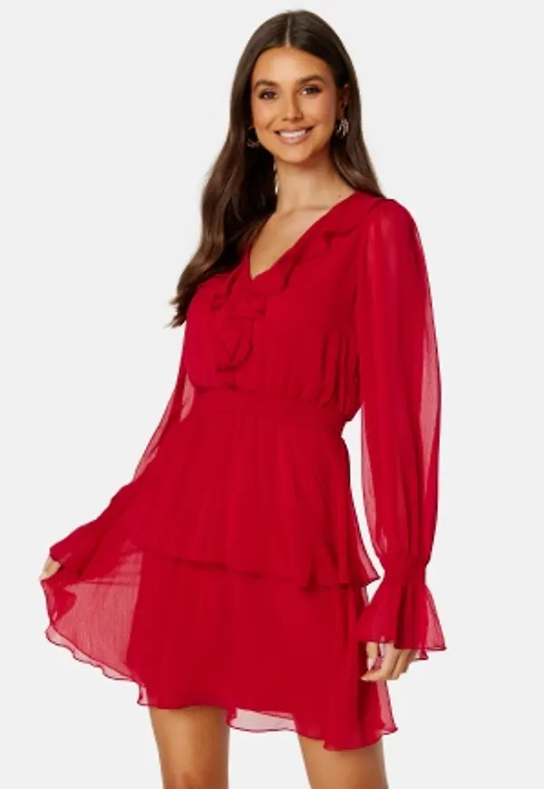 BUBBLEROOM V-neck Frill L/S Chiffon Dress Red 46