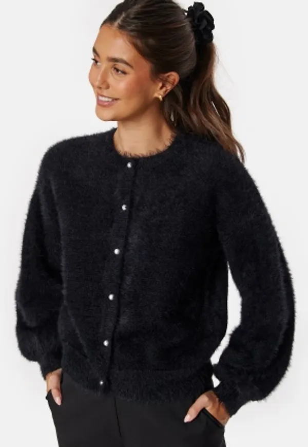 BUBBLEROOM Fluffy Knitted Pearl Cardigan Black XS