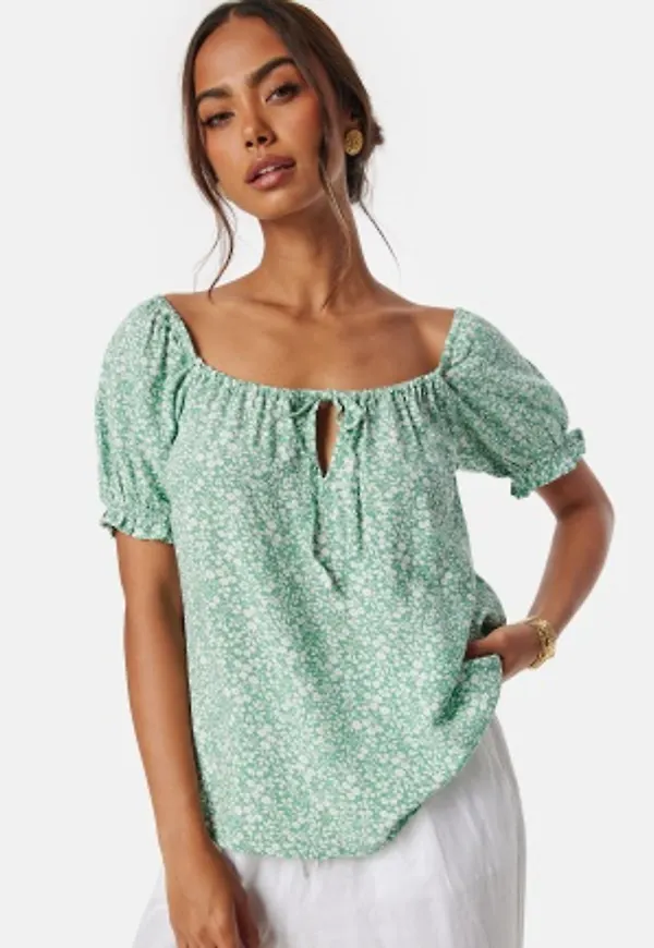 BUBBLEROOM Front Tie Blouse Green/Patterned XL