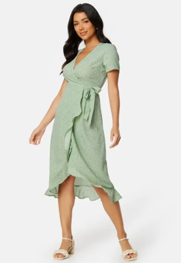 BUBBLEROOM Ida midi wrap dress Dusty green / Patterned XS
