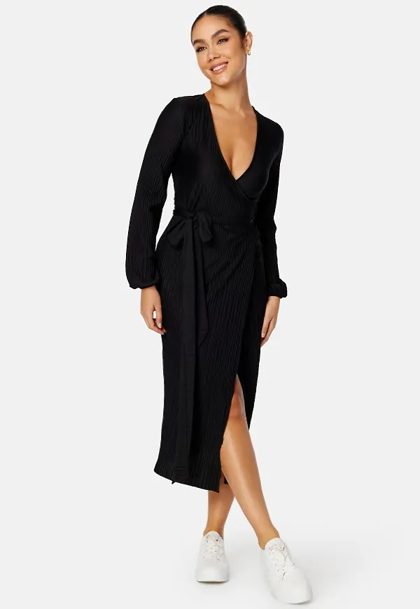 BUBBLEROOM Pleated Wrap Midi Dress Black XS
