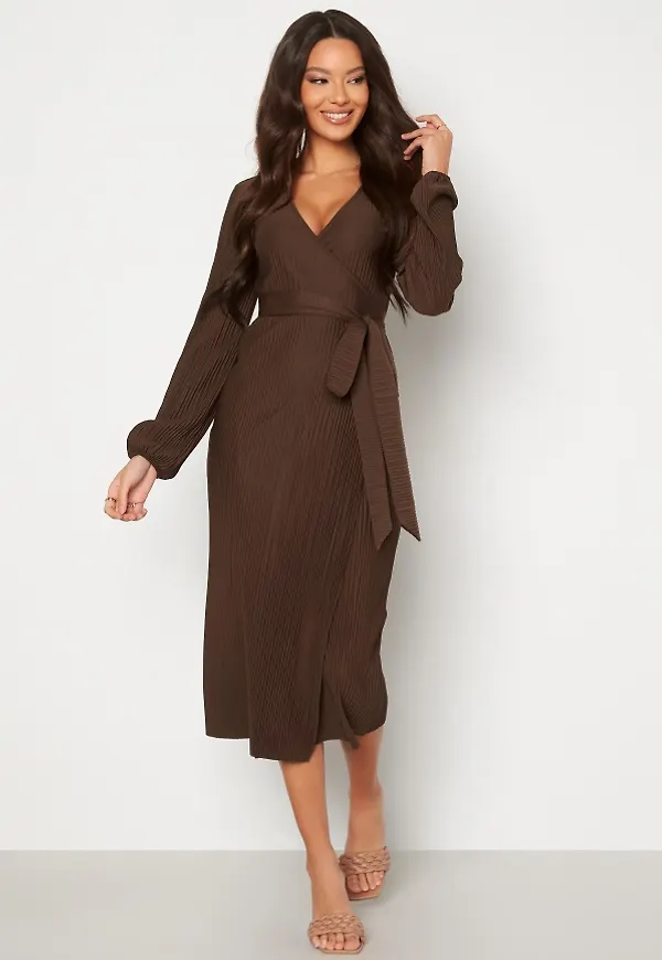 BUBBLEROOM Pleated Wrap Midi Dress Brown S