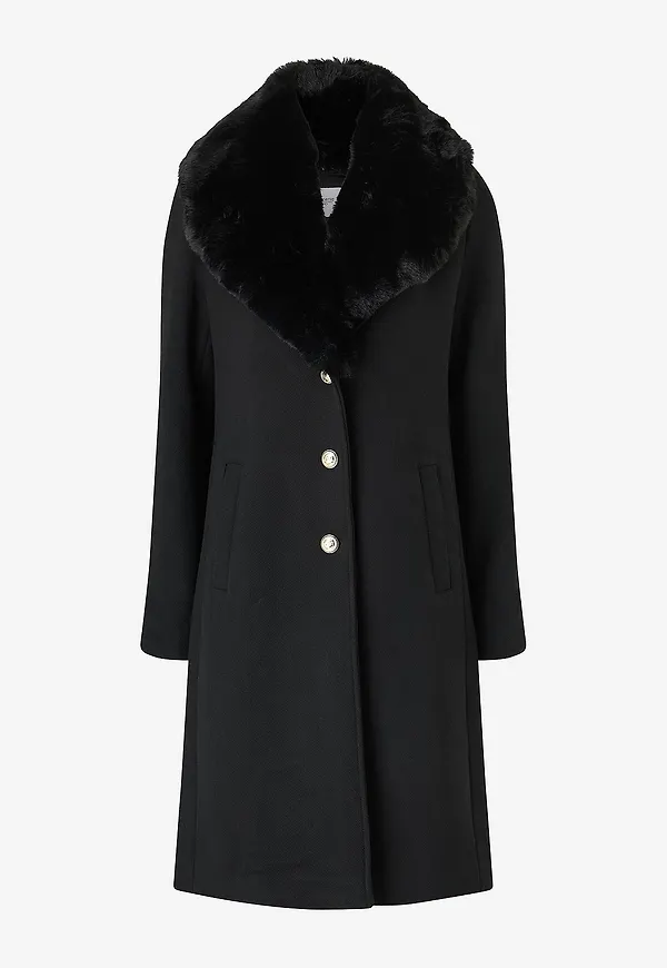 Bubbleroom - Kappa Fur Collar Wool Blend - Svart