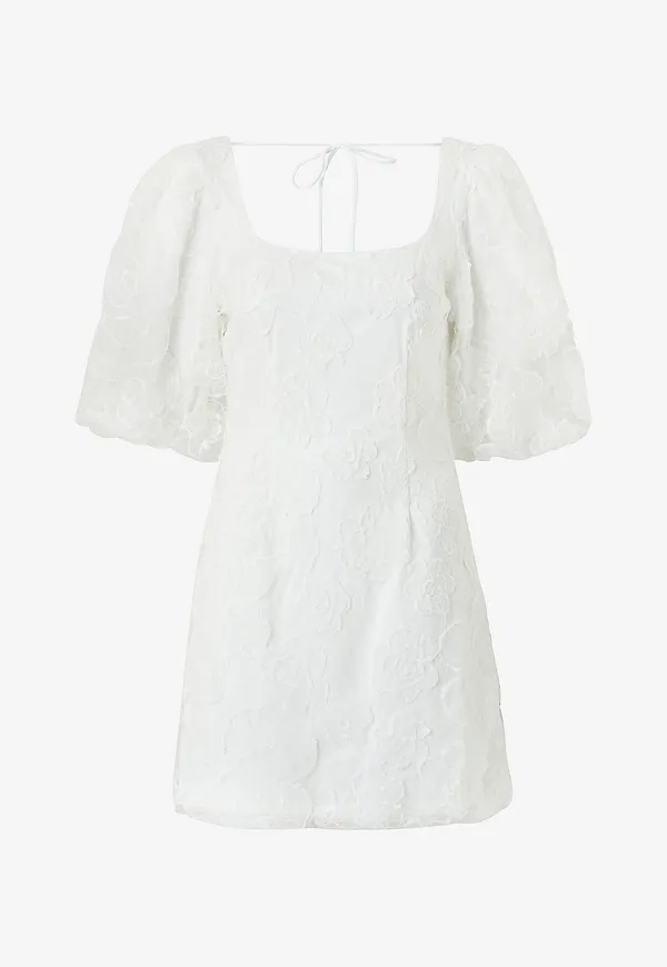 Bubbleroom - Klänning Puff Sleeve Embroidered Dress - Vit