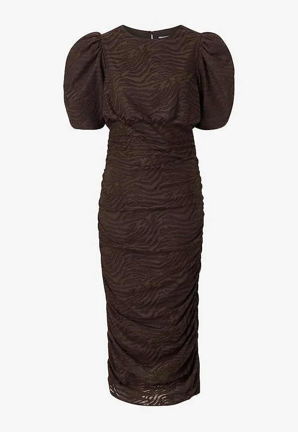 Bubbleroom - Klänning Ruched Puff Sleeve Dress - Brun