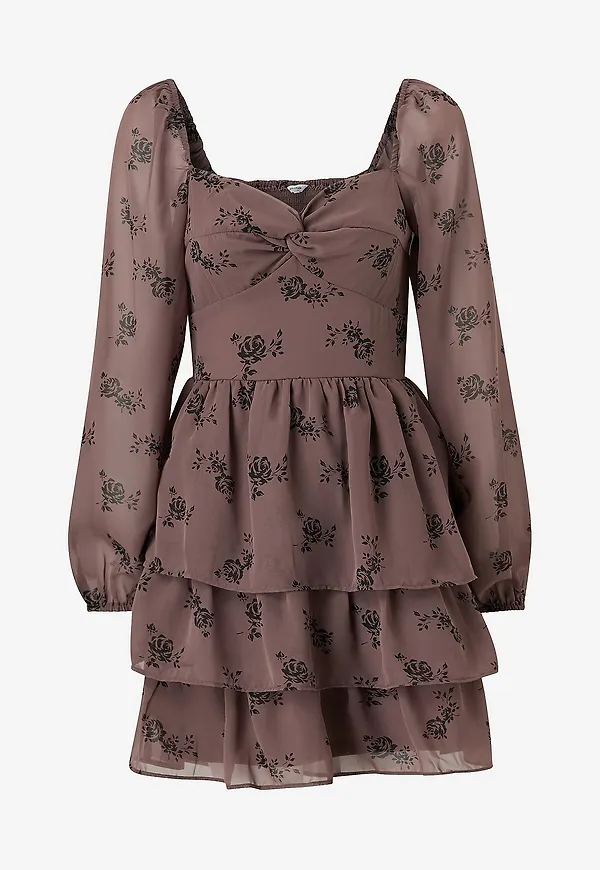 Bubbleroom - Klänning Twist Detail Flounce Dress - Brun