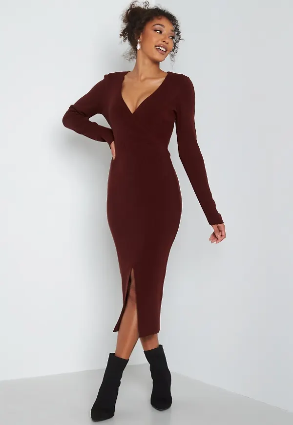 BUBBLEROOM Lima knitted wrap dress Brown S