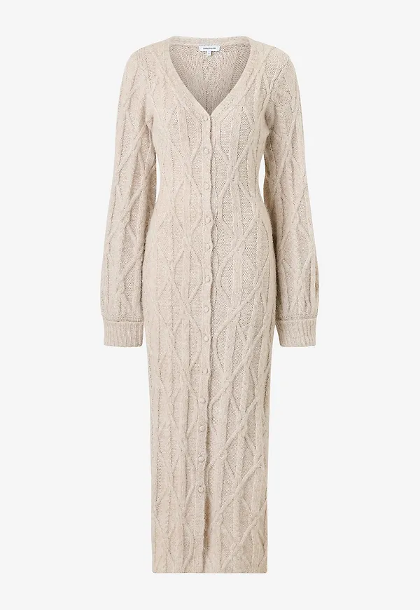Bubbleroom - Maxiklänning Cable Knitted Volume Sleeve Cardigan Dress - Beige
