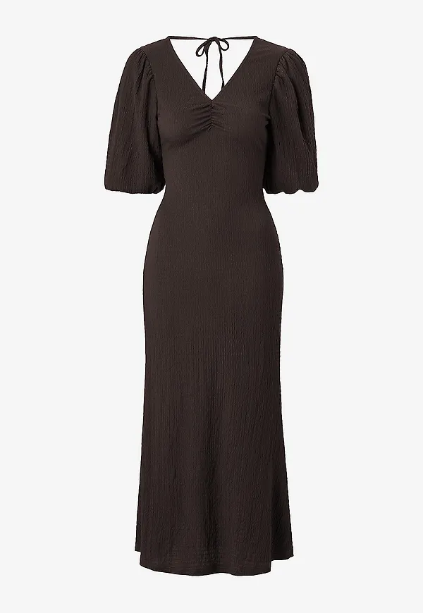 Bubbleroom - Maxiklänning Structure Puff Sleeve Dress - Brun
