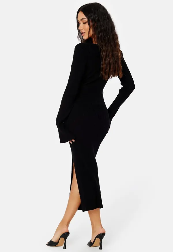 BUBBLEROOM Slit Knitted Midi Dress Black XL